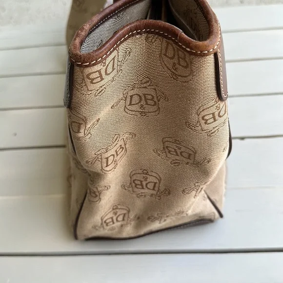 Dooney & Bourke DB Logo Double Handle Tote Brown Fabric Leather Accents